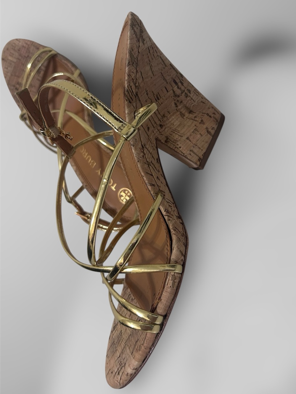 Tory Burch Gold Metallic Strappy Cork Block Heel Sandals Size 9M Leather Sole